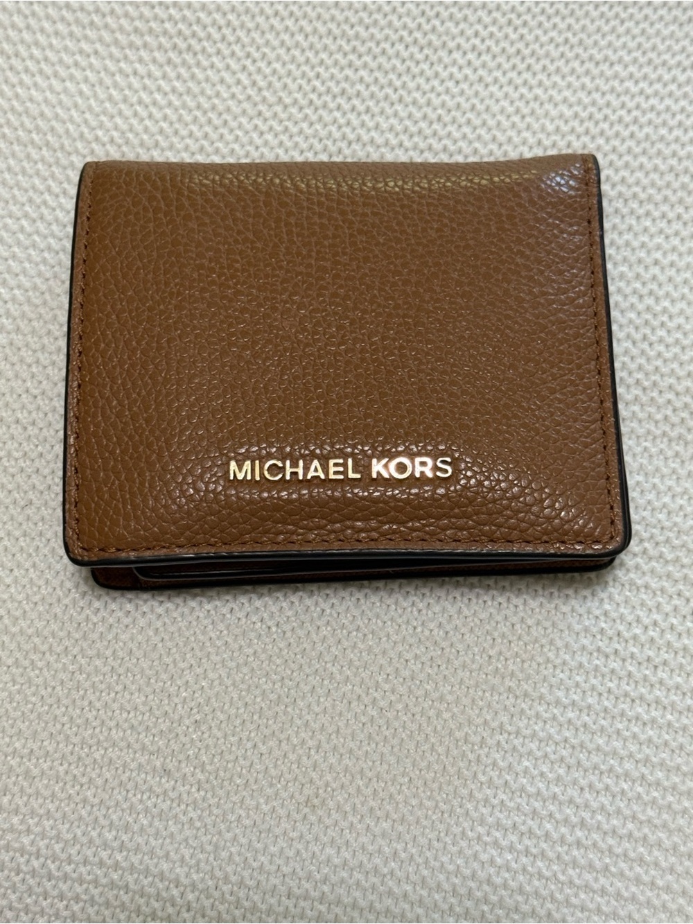 Michael Kors Brown Pebbled Leather Card Holder with Gold Logo